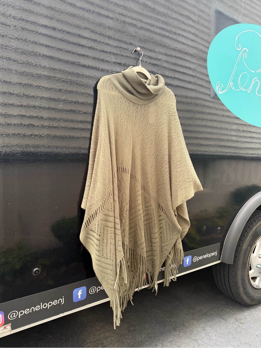 Turtleneck Fringe Poncho Sweater in Olive